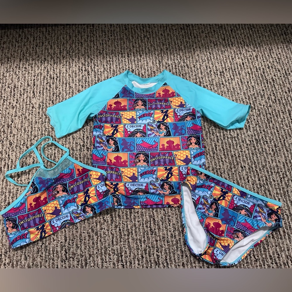 Disney Store JASMINE DELUXE 3 Piece Swimsuit For Girls Size 7/8